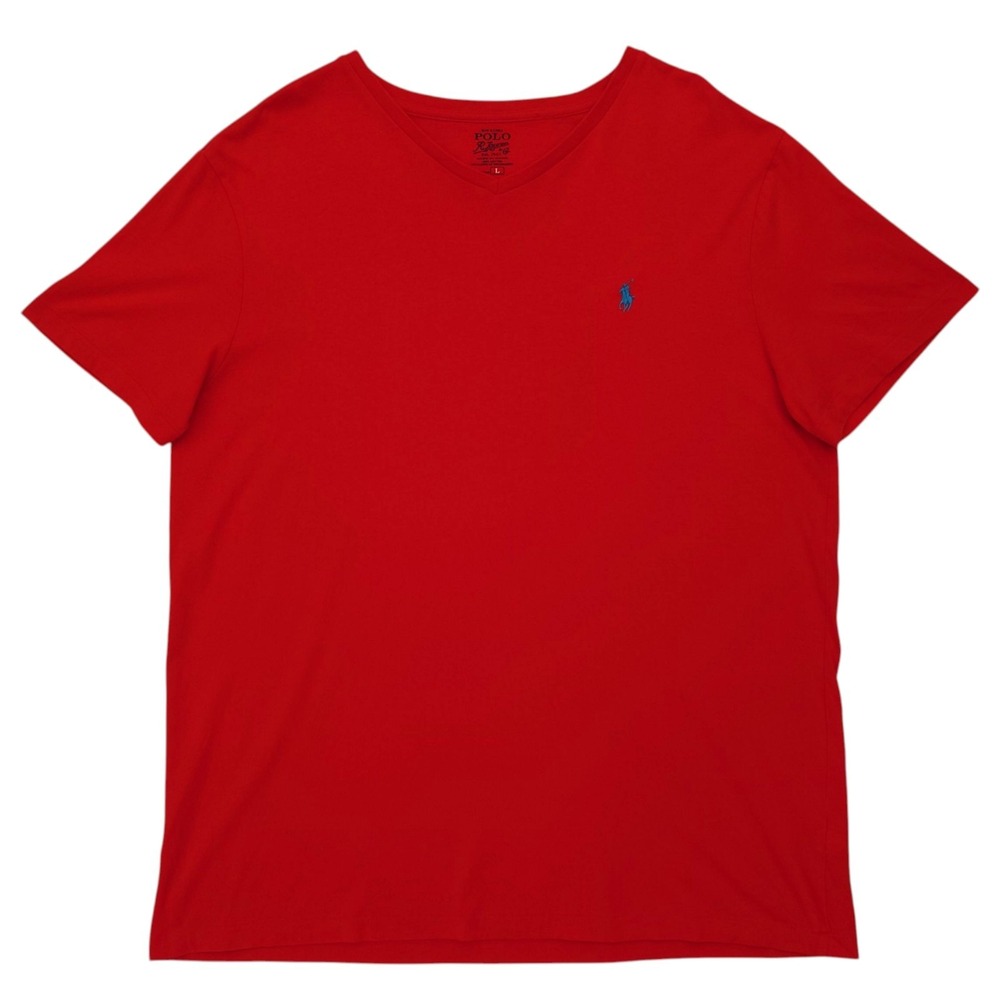Polo Ralph Lauren V-Neck T-Shirt Mens L Orange Cotton Tee with Blue Pony
